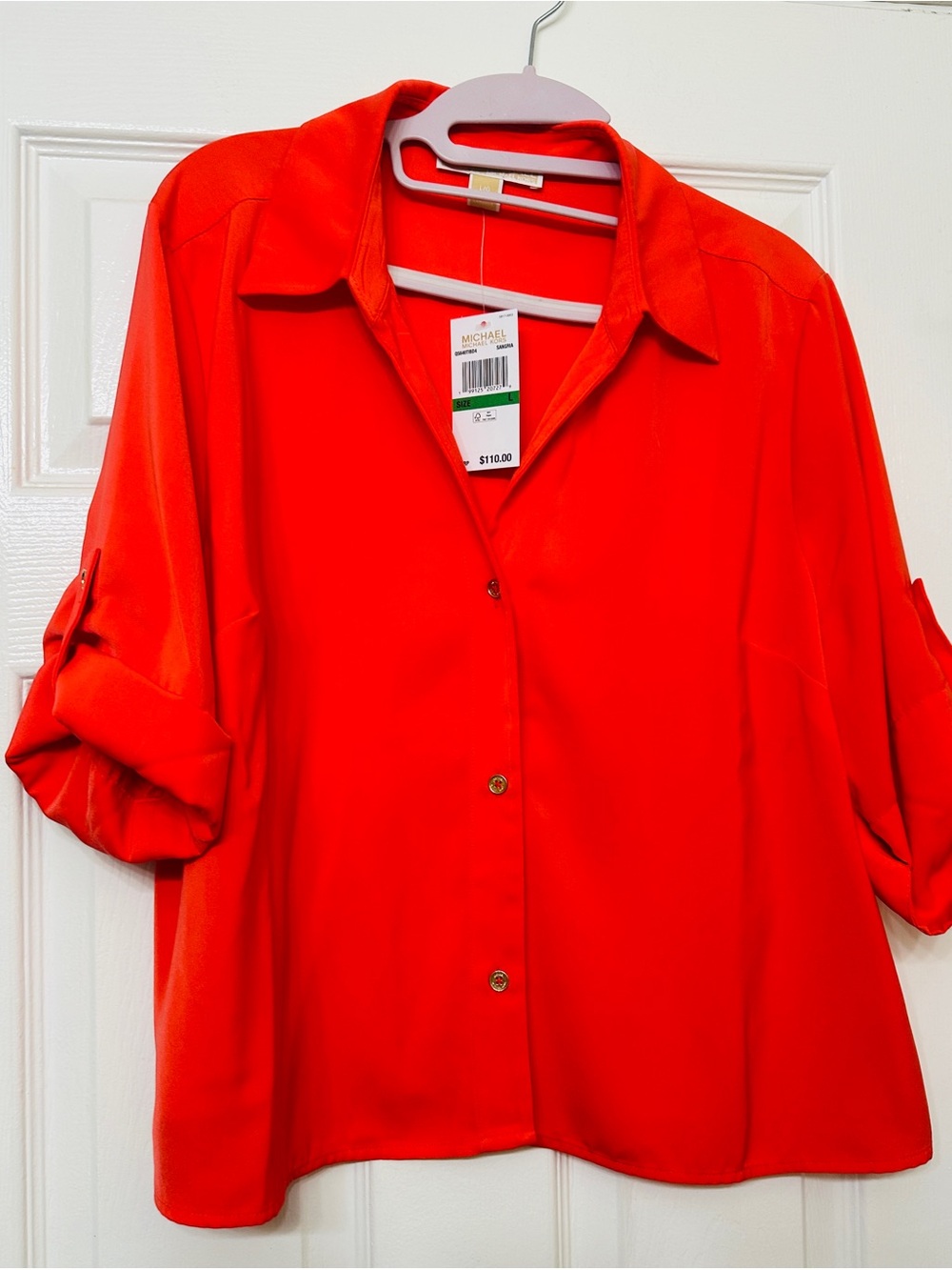 Michael Kors Blouse Short Sleeve Bright Orange 3 Button-Up Size Large